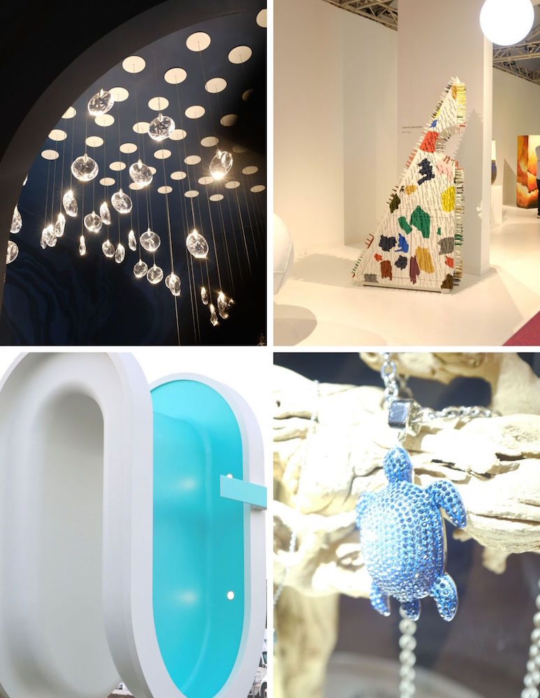 Art Basel events collage showing a sculpture and jewelry from Design Miami 2019.