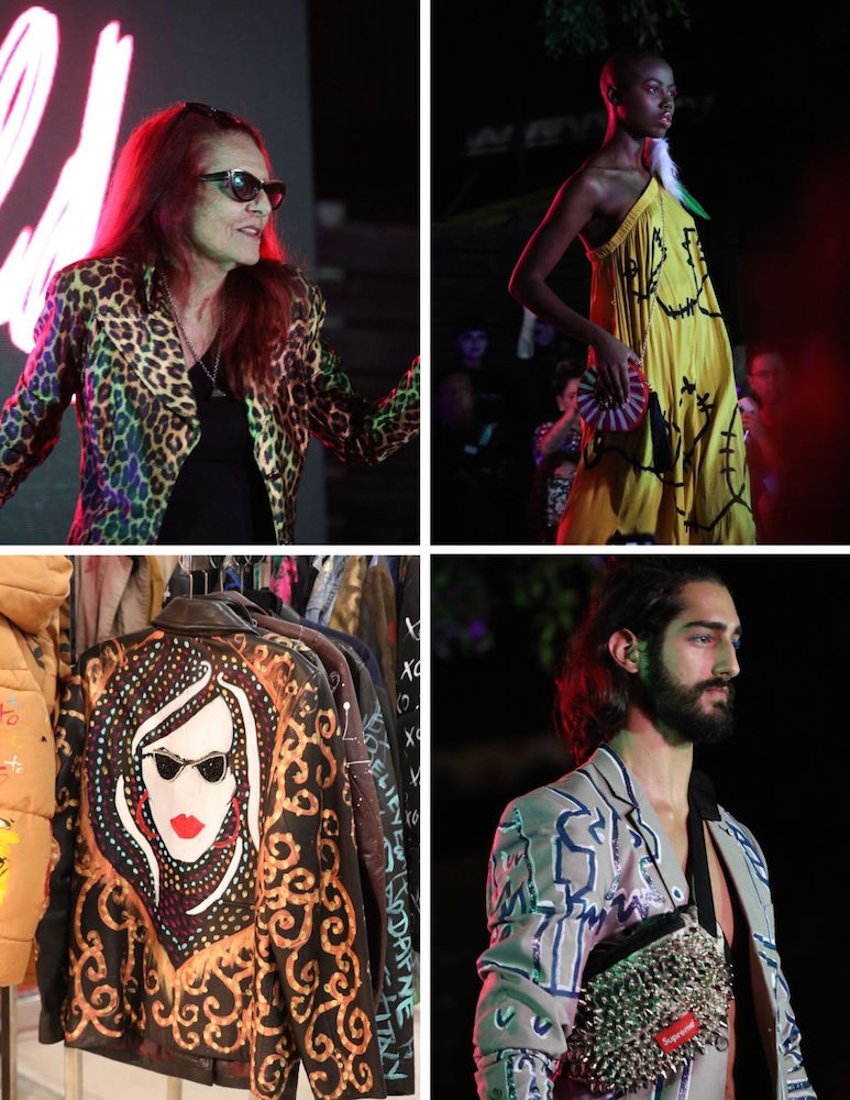 Patricia Field and models on a runway with a black background at Miami Art Basel.
