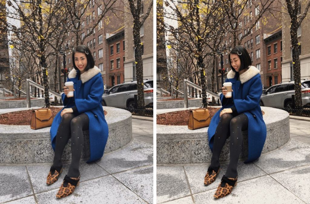 Wendy Sy vintage shopping in New York City holding a coffee cup and wearing a dark blue coat and leopard flats.