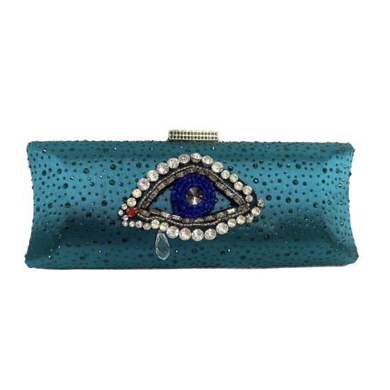 A green jeweled clutch on a white background