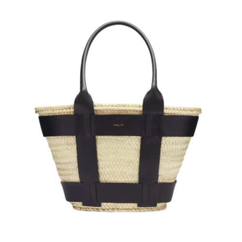 A beige raffia tote bag with a leather stripe design on a white background.