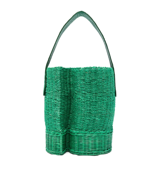 A green sacai straw bag on a white background.