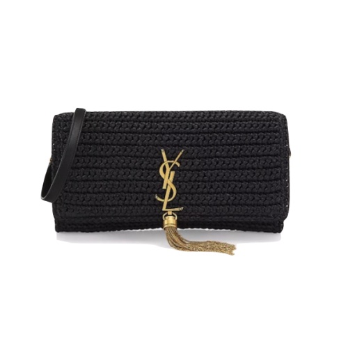 A black Saint Laurent Kate 99 raffia bag with gold hardware on a white background.
