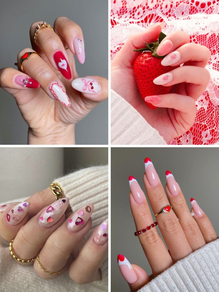 Collage of four valentines day nails with pink and red designs.