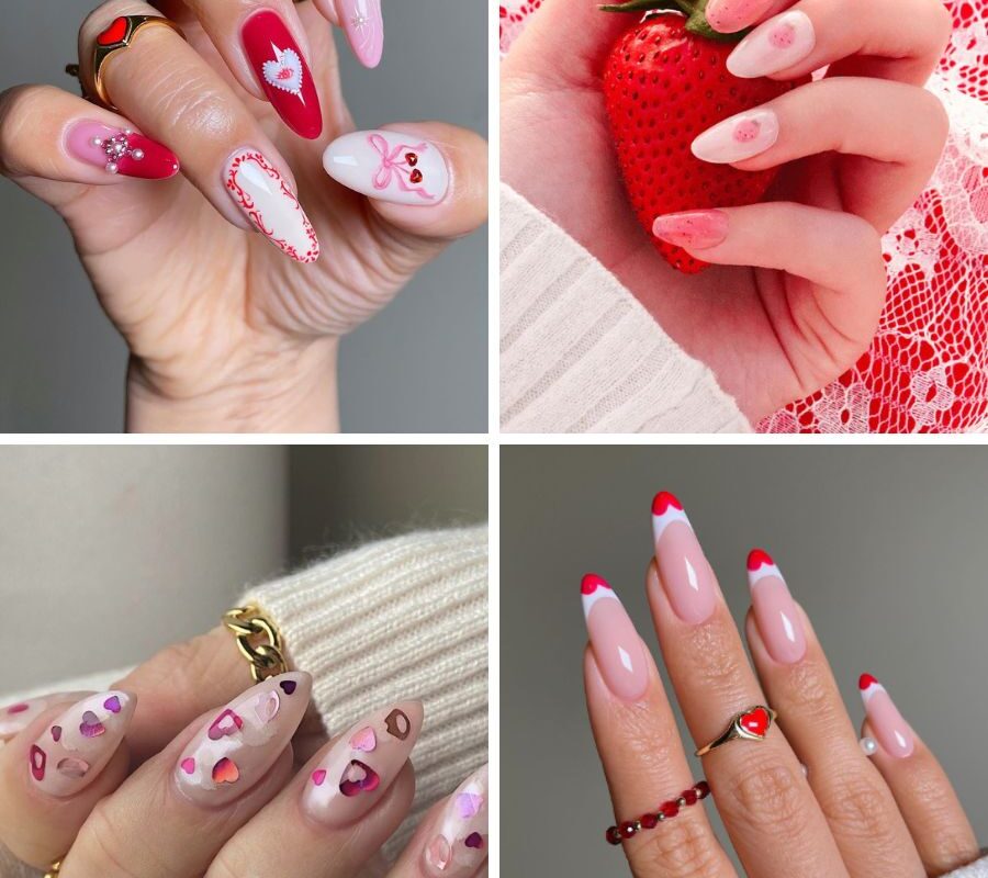 Collage of four valentines day nails with pink and red designs.