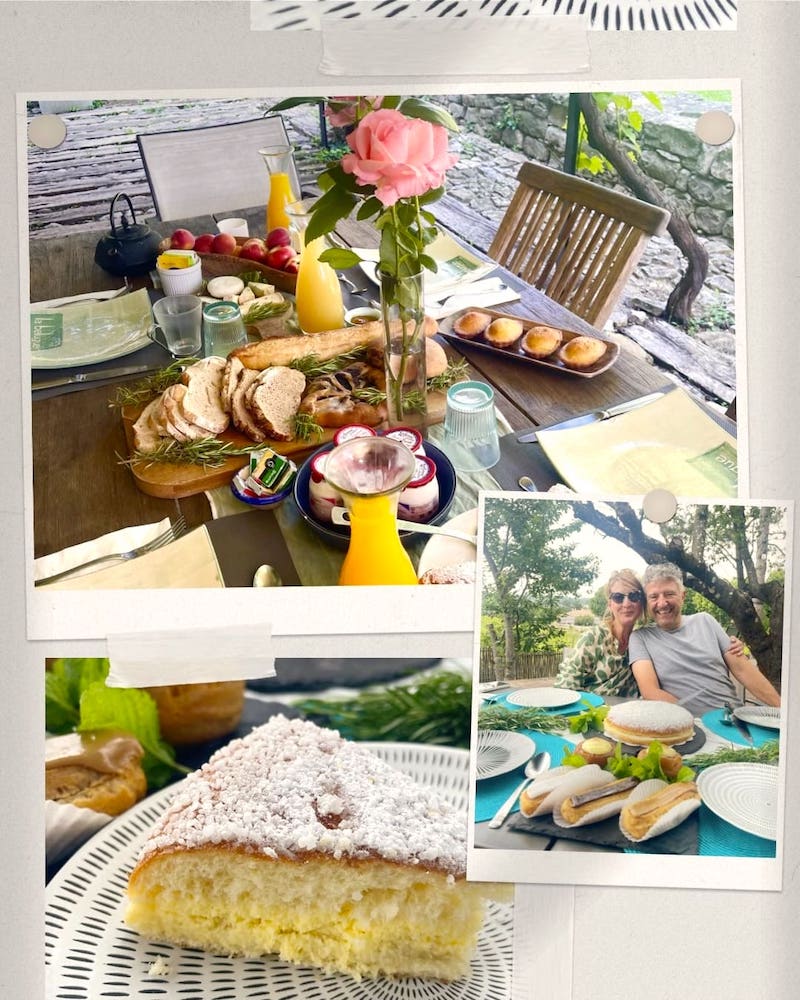 Breakfast spread, a slice of Tarte Tropézienne cake, with La Belugue founders Kelly and Philippe.