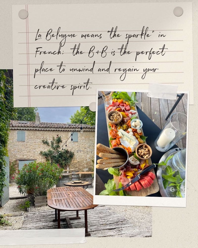 Charcuterie board on a table next to a photo of La Belugue, a bed and breakfast in South of France.