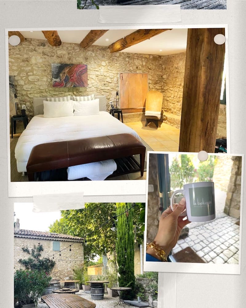 The Deluxe King Suite at La Belugue with rustic farmhouse decor in the South of France.