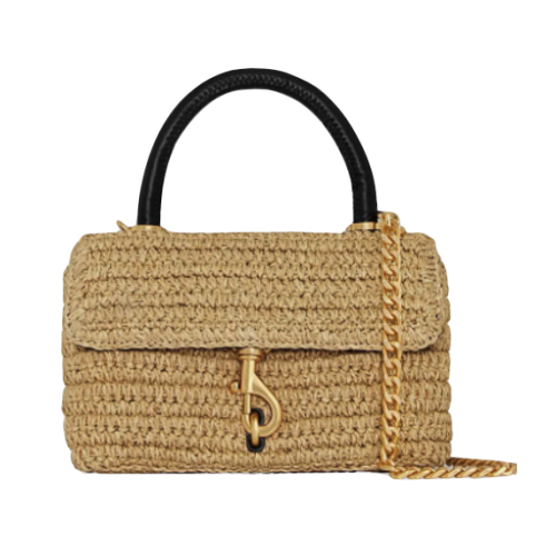 Rebecca Minkoff straw bag on a white background.