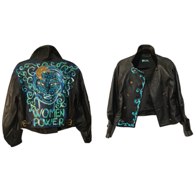 Empowering women hand-painted leather jacket by DAFNE Italy.