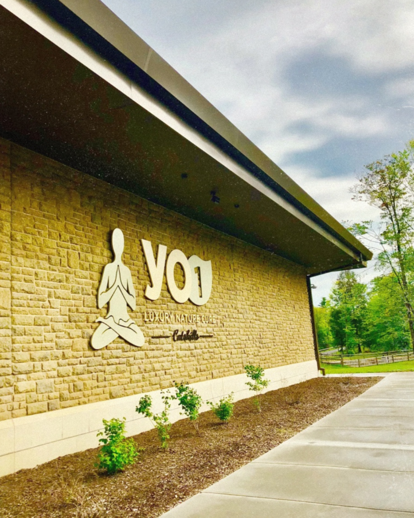 Outdoor view of the wellness center, YO1 Health Resort. A brown building with a backdrop of trees and blue sky.