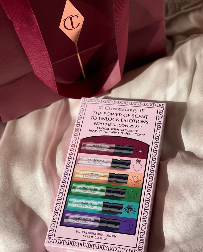 charlotte tilbury perfume review with the Discovery Set on a pink background