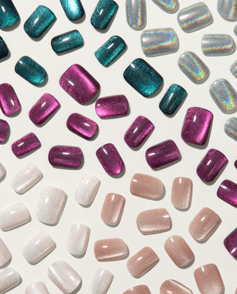 Colorful impress press-on nails spread on a white background