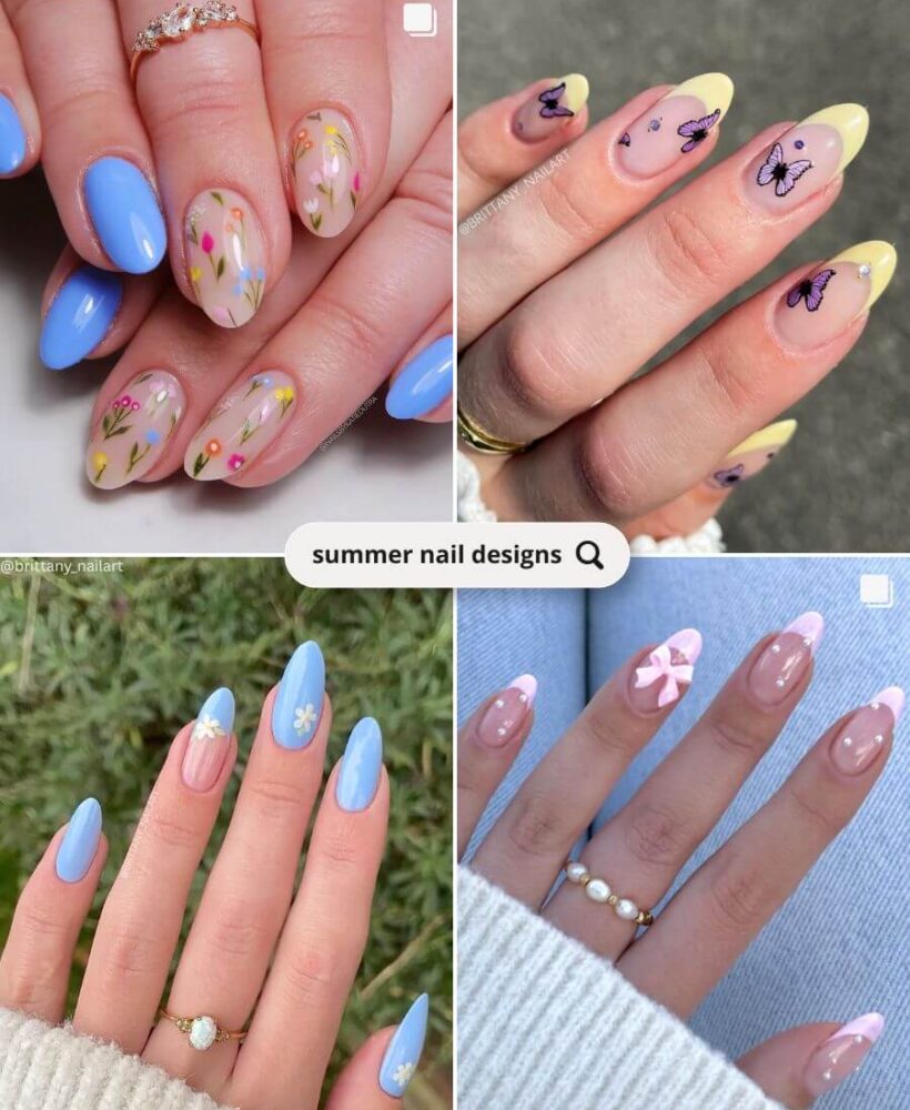 A vibrant quad of four summer nail designs showcasing bright colors and playful patterns perfect for the season.
