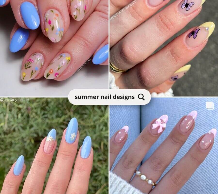 A vibrant quad of four summer nail designs showcasing bright colors and playful patterns perfect for the season.