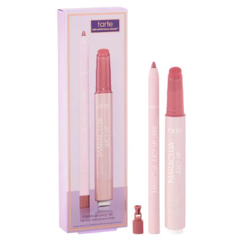 tarte Maracuja Juicy Lip Hydrating Balm Rose Duo on a white background, featured for lips day.