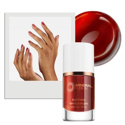 A collage of dark red nail polish, a swatch of color, and two hands with a red manicure