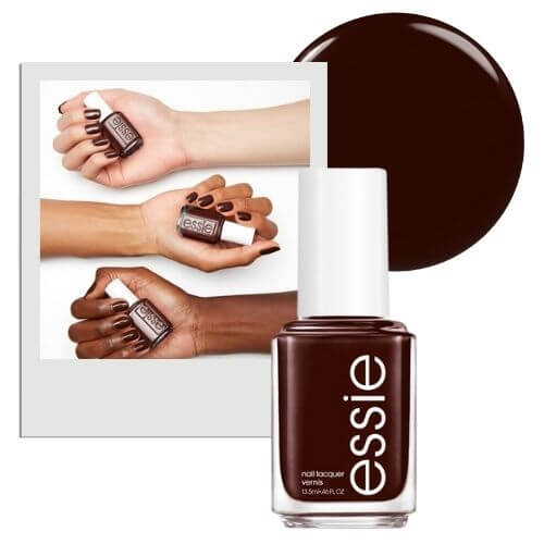 A collage of dark chocolate brown nail polish, a swatch of color, and three hands with brown manicure
