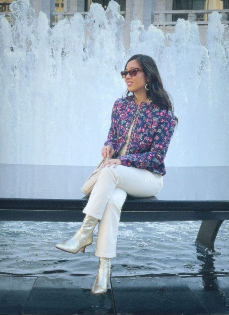 2026 boot trends with gold metallic booties styled with white jeans and a quilted jacket.