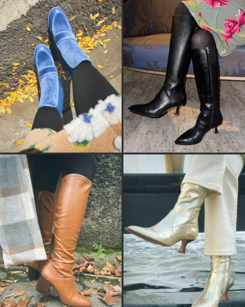 Quad of photos of best fall boots 2025, including knee high boots, block heel boots, and metallic boots