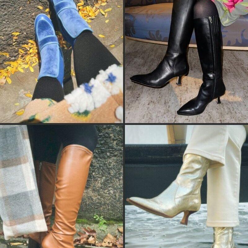 Quad of photos of best fall boots 2025, including knee high boots, block heel boots, and metallic boots