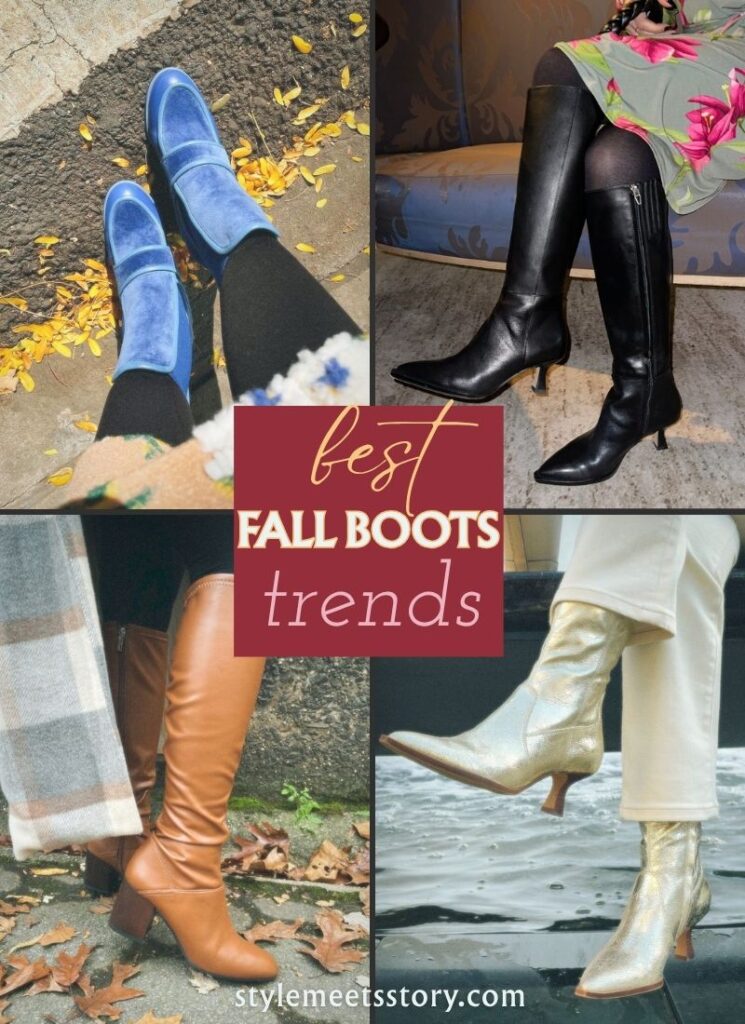 A collage of 4 fall boots, showing the best autumn footwear trends including knee-high boots, leather cowboy boots, and kitten heel booties.