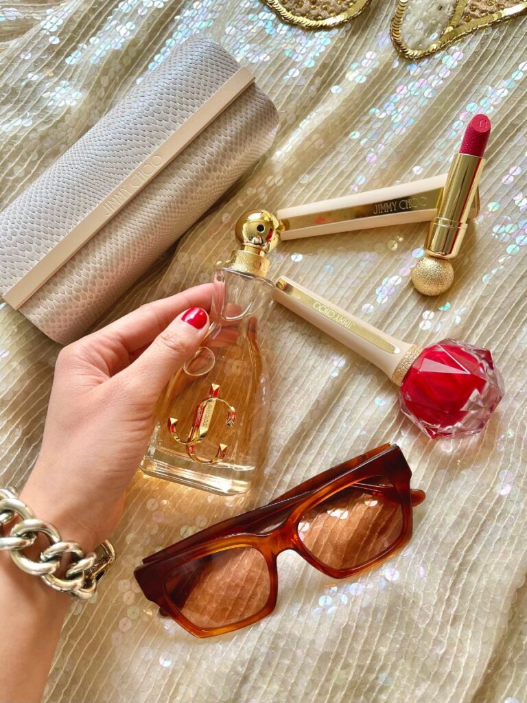 Jimmy Choo I Want Choo fragrance on a gold background