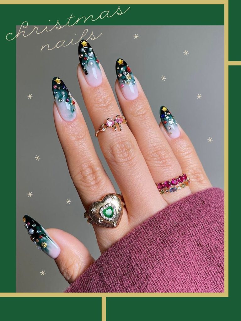 Dark green Christmas nail designs with gold and red embellishments