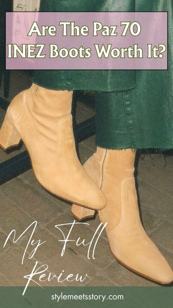 Pinterest pin with a close up of boots and text above it reading INEZ Boots Review
