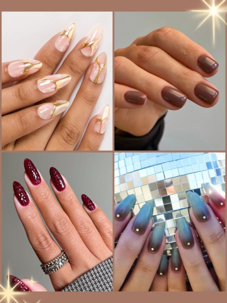 a collage of four new year's nails with metallic and ornate designs.