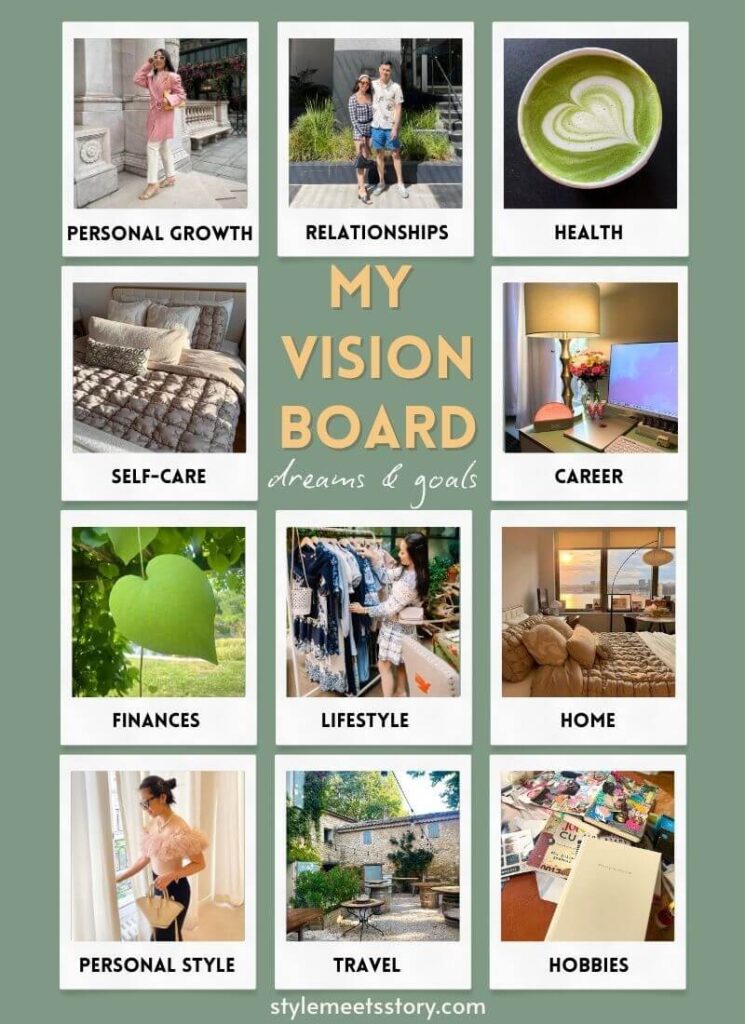 Collage of vision board template with a green background