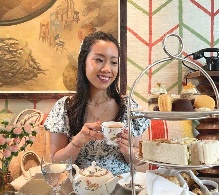 Best afternoon tea in NYC with a tea cup in hand at the Crosby Street Hotel restaurant.