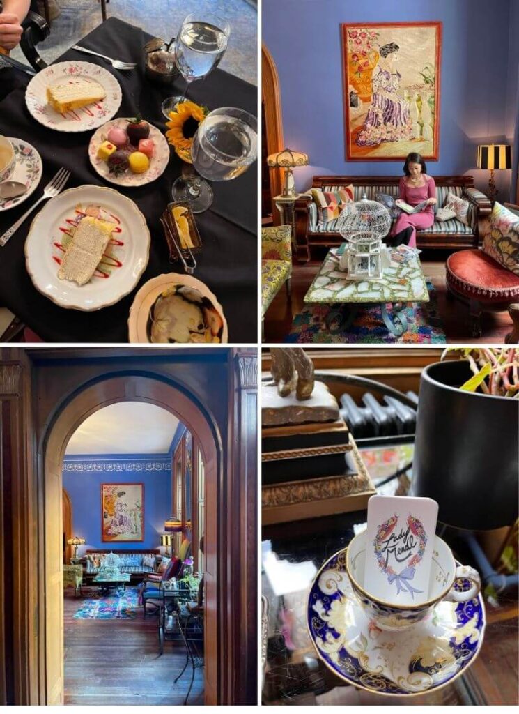 A collage of photos showing the interiors and food at Lady Mendl's, one of the best afternoon tea in nyc spots
