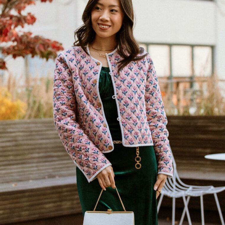 best women's quilted jackets style with a pink floral print.