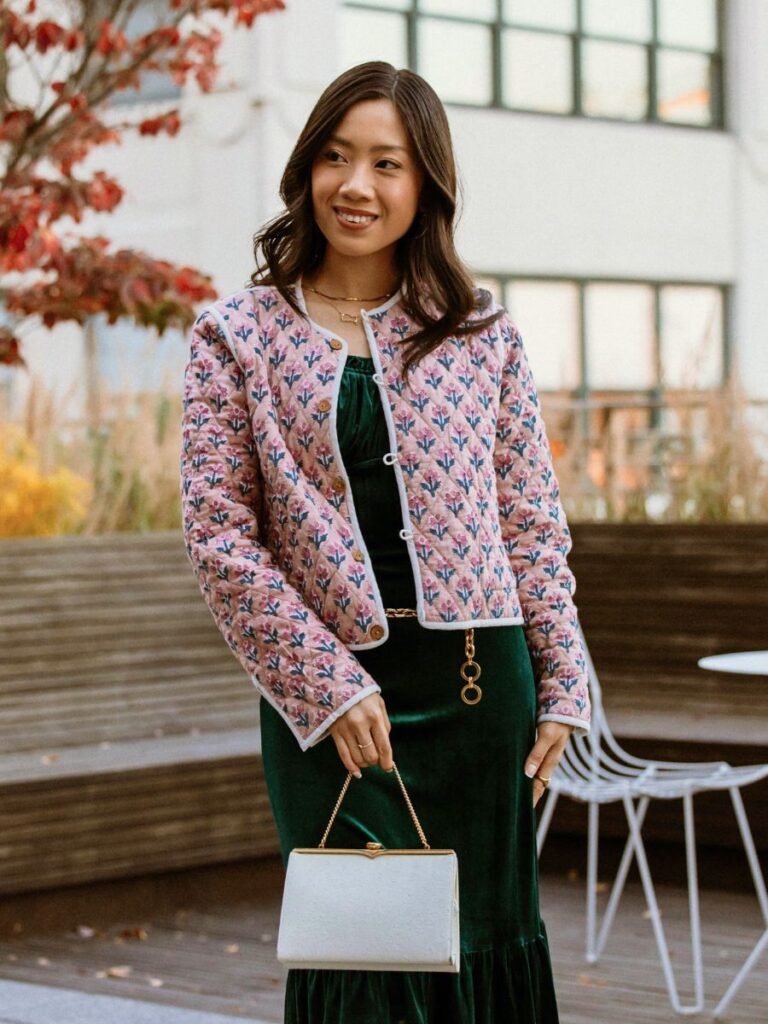 best women's quilted jackets style with a pink floral print.