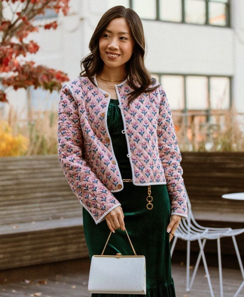 best women's quilted jackets style with a pink floral print.