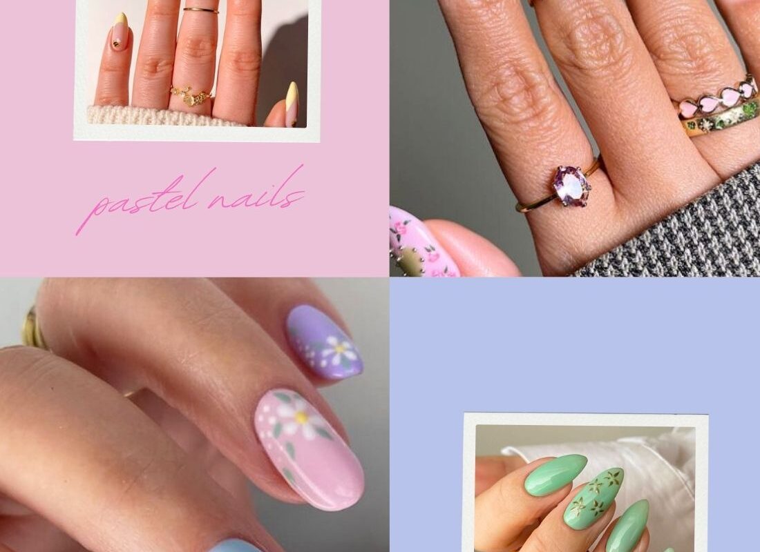 A quad of pastel nails in pink, yellow, and green colors.