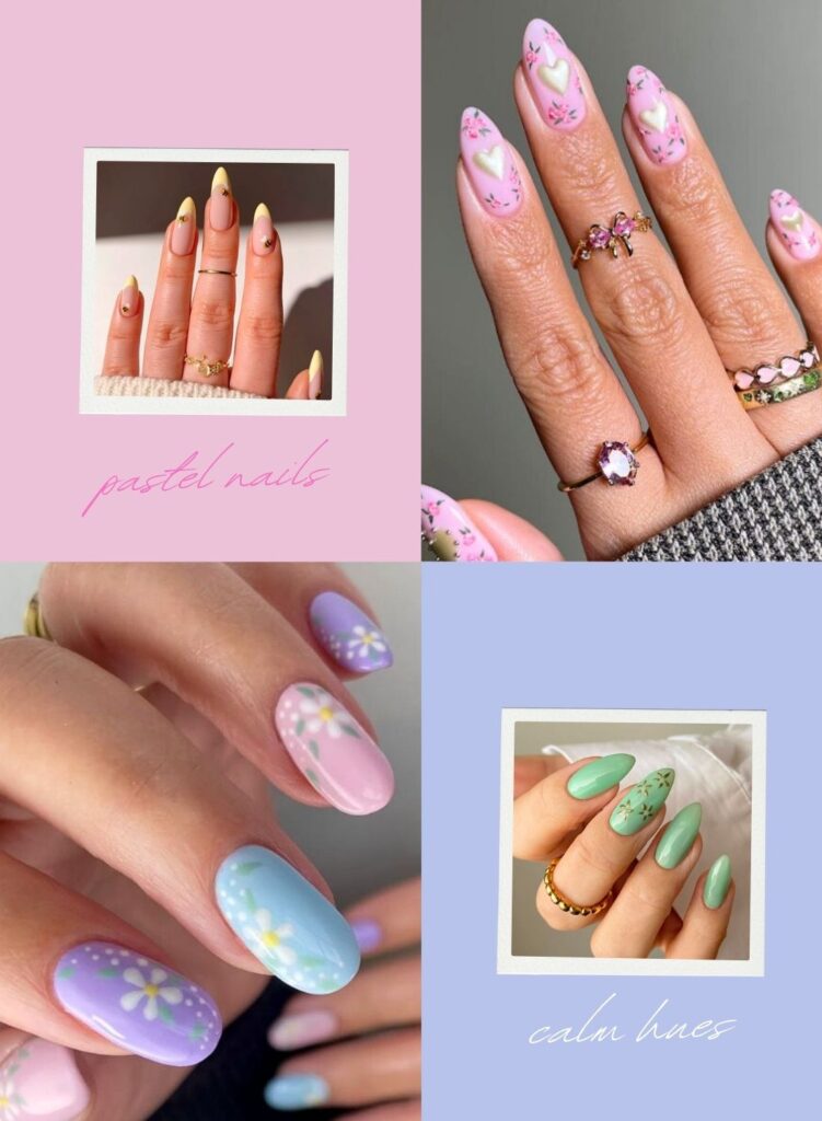 A quad of pastel nails in pink, yellow, and green colors.