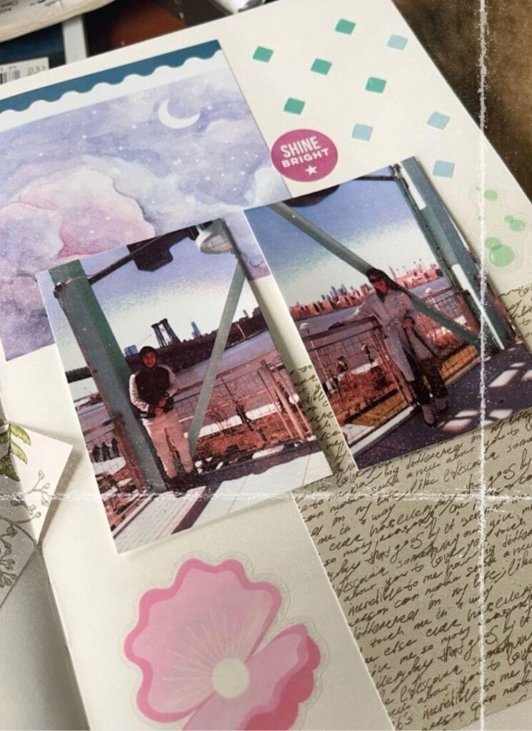 An open notebook with photos, stickers, and ideas for what to put in junk journal.