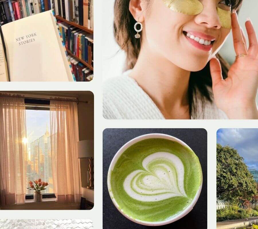 Collage of a self-care Sunday moment: wearing gold eye masks, a cup of matcha, a sunset, flowers, books, and light through a window.