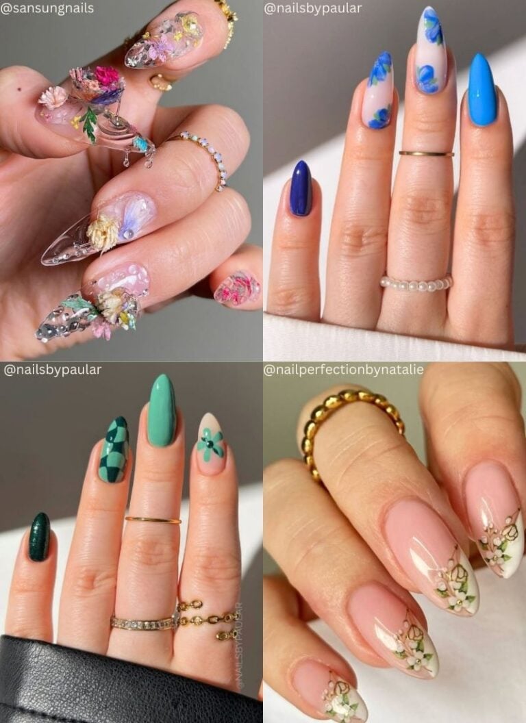 A quad of four colorful spring nails with flower designs on a gray background.