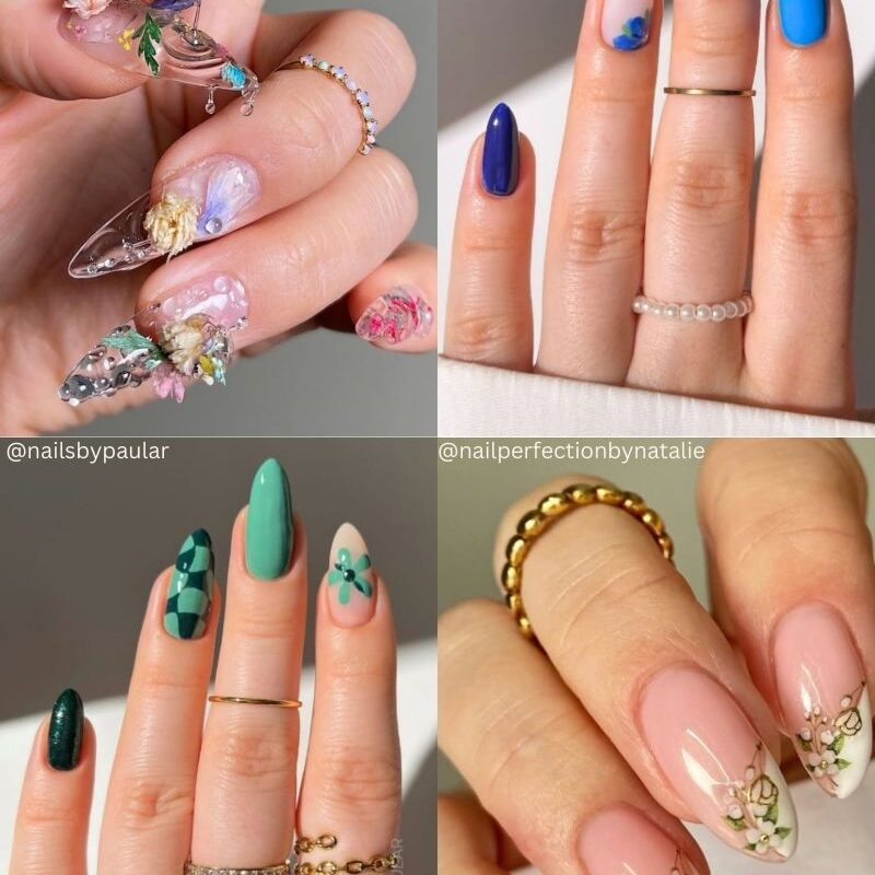 A quad of four colorful spring nails with flower designs on a gray background.