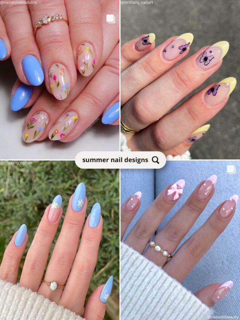 A vibrant quad of four best summer nail designs 2026 showing bright colors and playful patterns, perfect for the season.