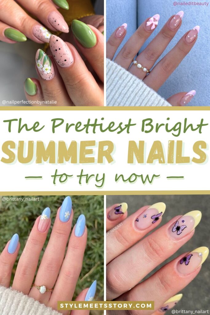 Pinterest pin showing a collage of four bright summer nails 2025, each featuring bold colors and playful seasonal patterns.