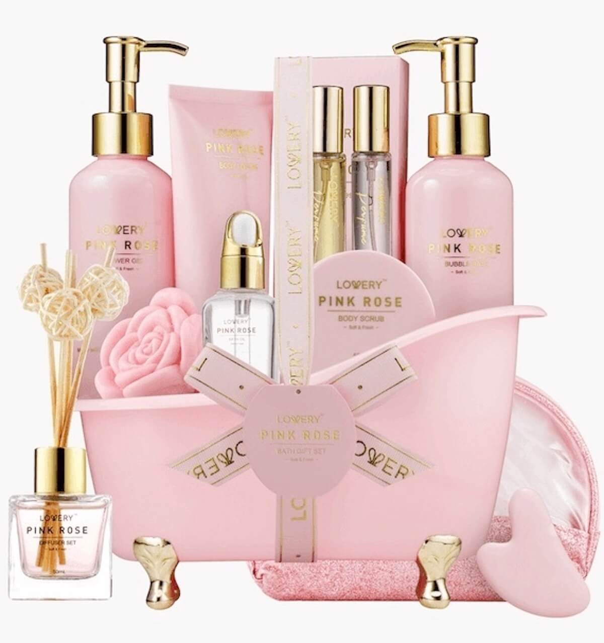 A pink spa kit filled with wellness products, summer present ideas