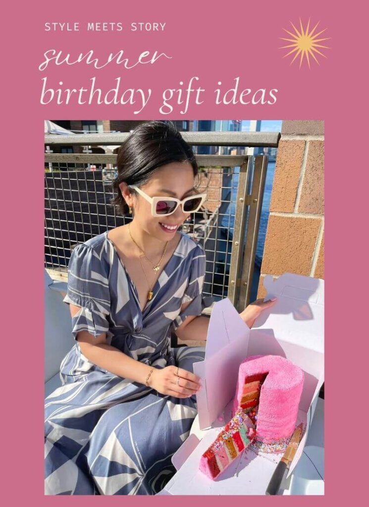 Rainbow cake with a pink background, perfect for summer birthday gift ideas