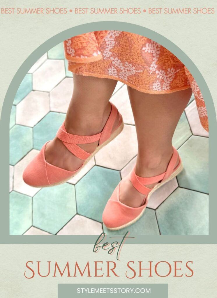 Coral wedge espadrille with text overlay reading 'Best Summer Shoes For Women'.