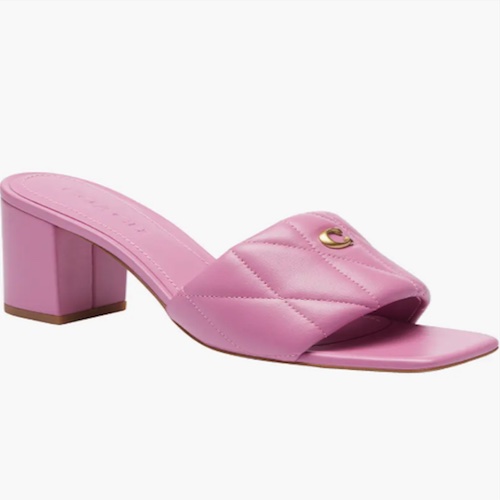 Pink comfortable block heel sandals on a white background.