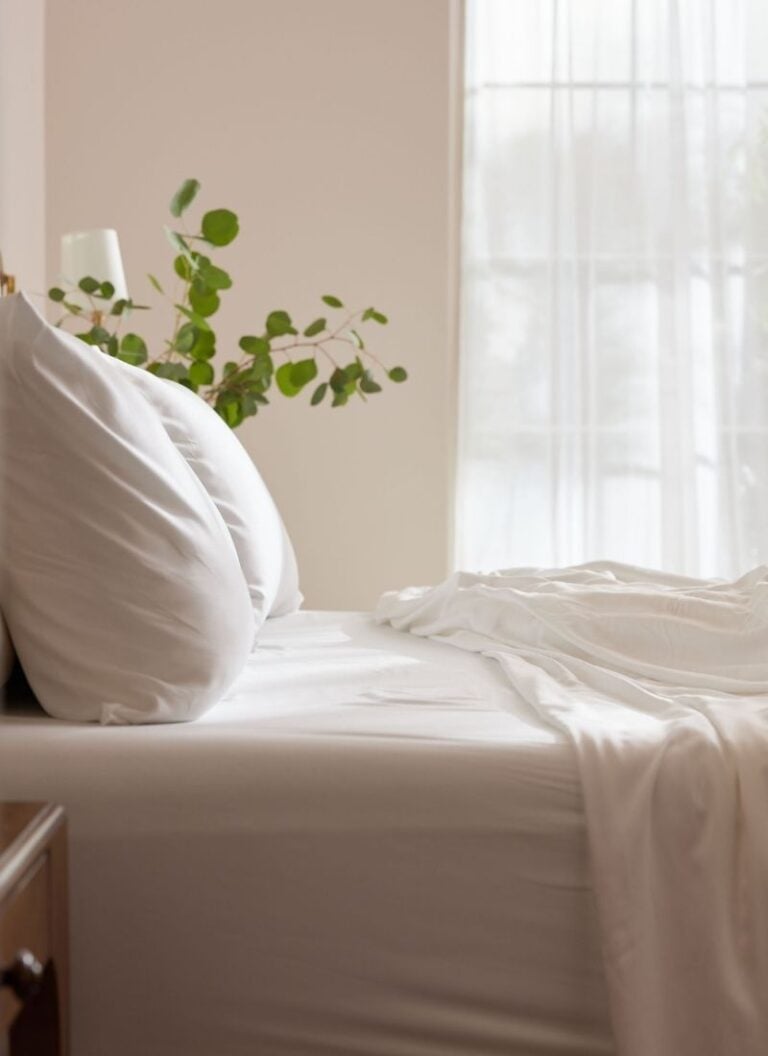 A calming scene of a bed with bamboo sheets for a post on Cozy Earth Sheets review with a promo code.