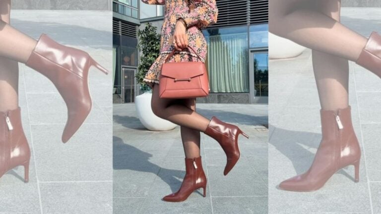 Autumn street style featuring brown heeled boots as best fall shoes paired with a floral dress and matching brown handbag on a city sidewalk